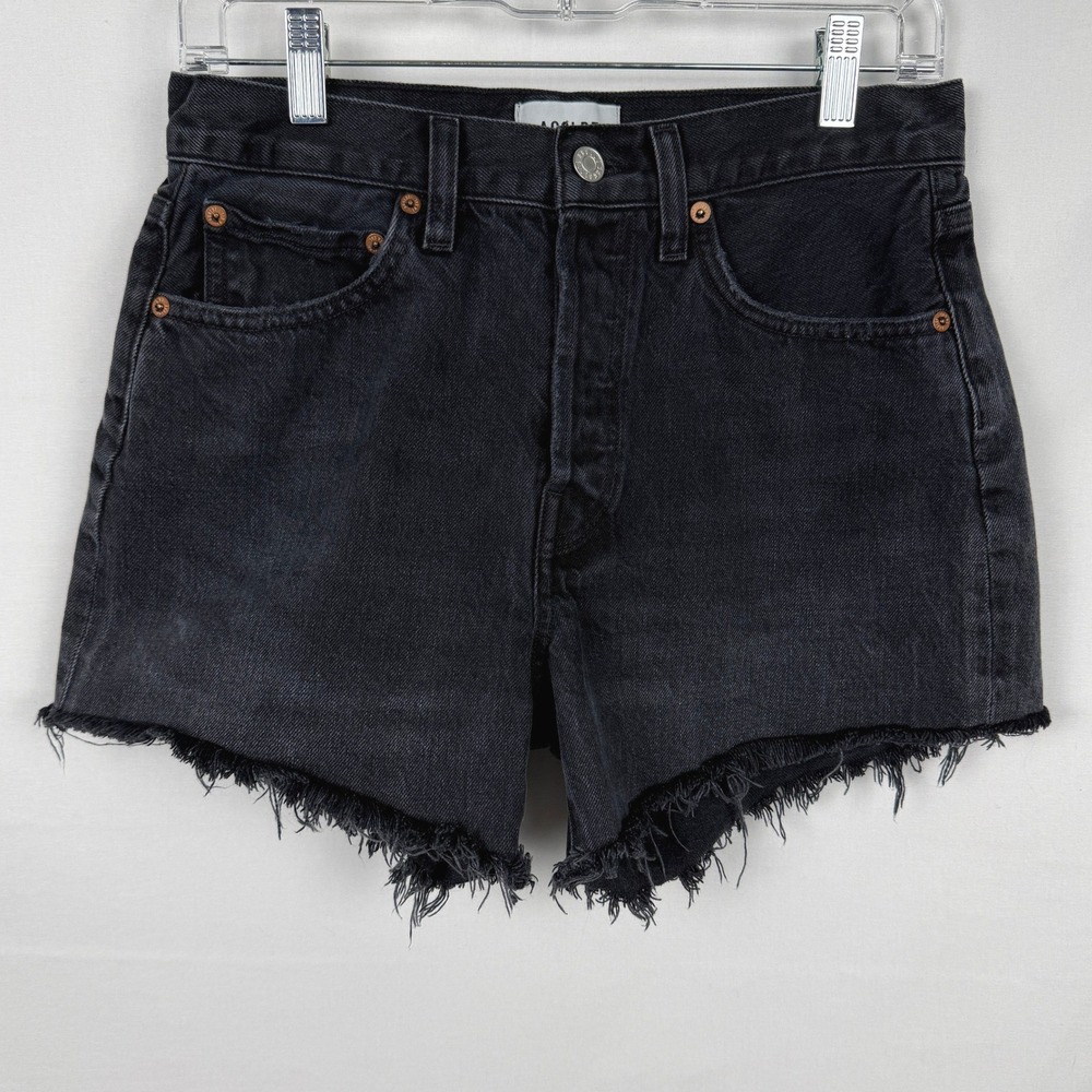 AGOLDE Parker Long High Rise Denim Shorts 26 Black Frayed Hem